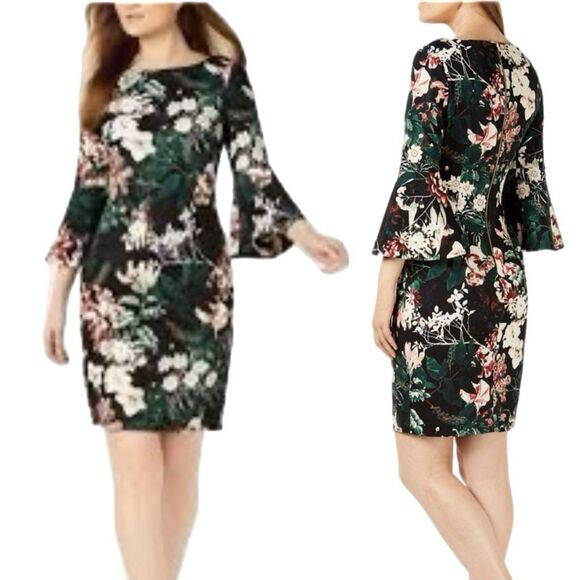 NWT Calvin Klein black with Floral 3/4 Bell Sleeve Sheath Dress Size 22W - Picture 1 of 13